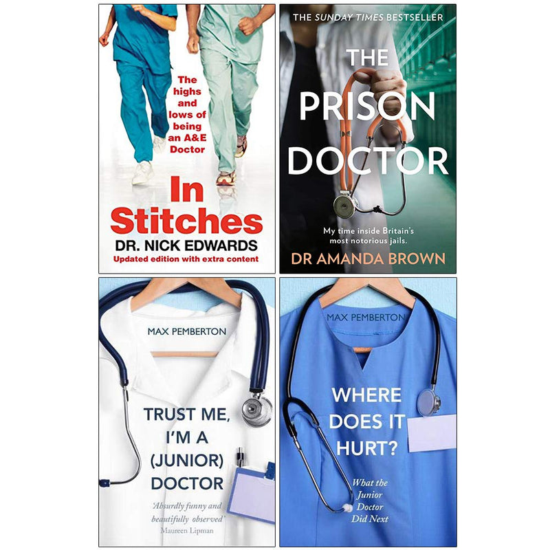 ["9789123877546", "Accident & Emergency Medicine", "Doctors & Medicine Humour", "General Humour", "I'm a (Junior) Doctor by Max Pemberton", "In Stitches", "In Stitches The Highs And Lows Of Life As An A And E Doctor by Nick Edwards", "Max Pemberton", "medical biographies", "medicine", "Medicine Book", "medicine humour", "Nick Edwards", "The Prison Doctor My Time Inside Britains Most Notorious Jails", "Trust Me", "Trust Me I m a Junior Doctor by Max Pemberton", "Trust Me Im a Junior Doctor", "Where Does it Hurt", "Where Does it Hurt What the Junior Doctor did next by Max Pemberton"]