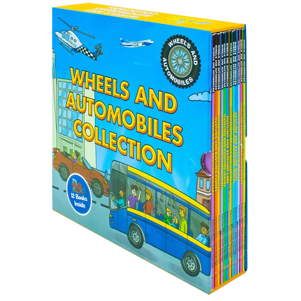 Wheels and Automobiles Collection 12 Amazing Books Set: (Hustling and Bustling Machines, Boats, Buses, Cars, Submarines, Trains, Trucks, Planes, Cranes, Tractors, Diggers, Rockets, Helicopters)