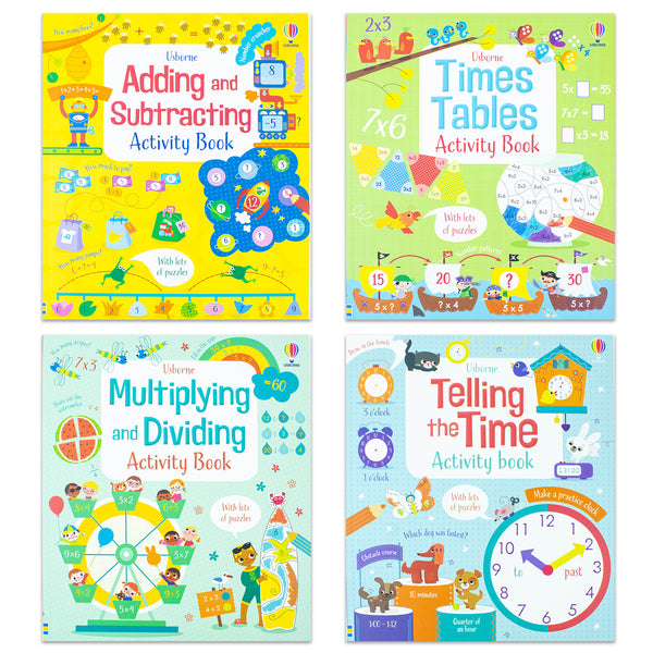 Children Usborne Educational Workbooks 4 Books Set (Addition & Subtraction, Times Tables, Telling the Time, Multiplying Dividing)