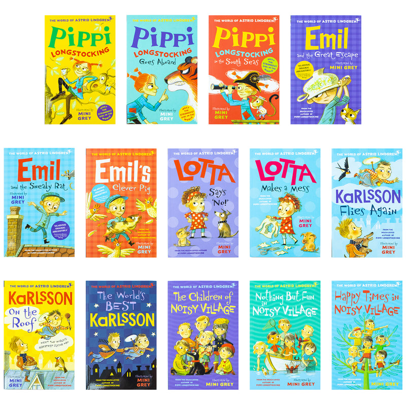 Astrid Lindgren Collection 14 Books Set (The Children of Noisy Village, Happy Times,Nothing but Fun, The World&amp;#x27;s Best Karlsson,Flies Again,on the Roof,Pippi Longstocking,Emil&amp;#x27;s Clever Pig &amp;amp; More)