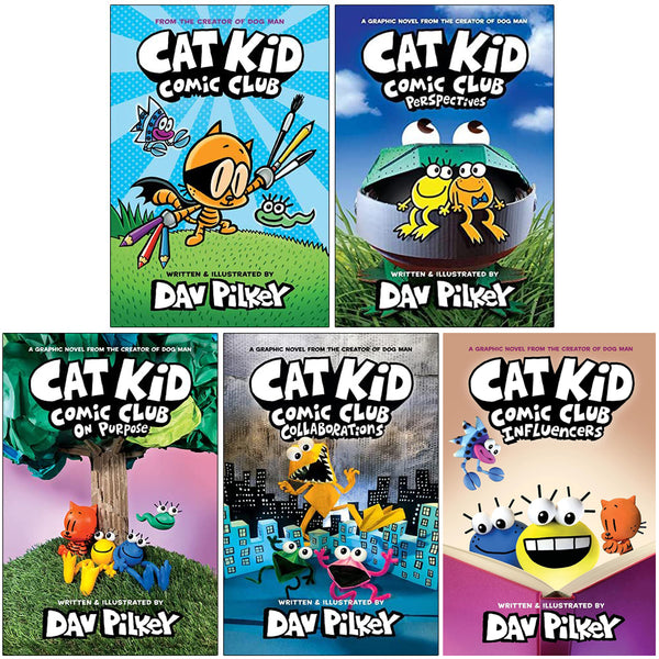 Cat Kid Comic Club Collection 5 Books By Dav Pilkey (Cat Kid Comic Club, On Purpose, Perspective, Collaborations [Hardback], Influencers [Hardcover])