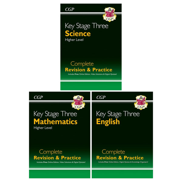 CGP Key Stage 3 Complete Revision and Practice 3 Books Set (English, Maths - Higher, Science - Higher)