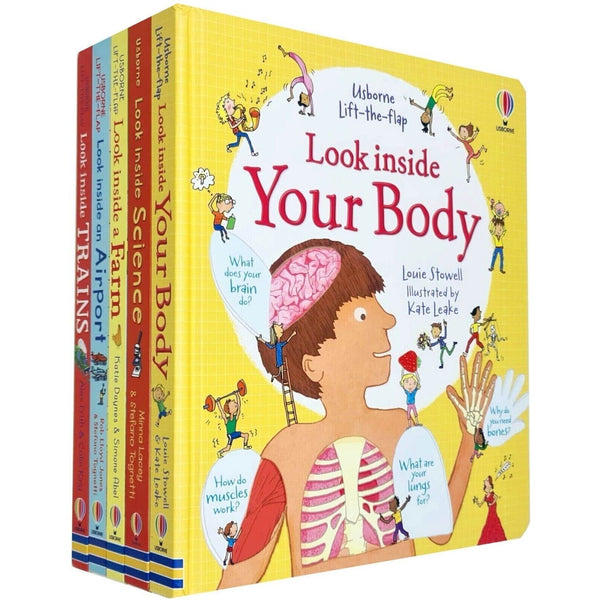 Usborne Lift the Flap Look Inside 5 Books Collection Set (Your Body, Science, Farm, Airport, Trains)